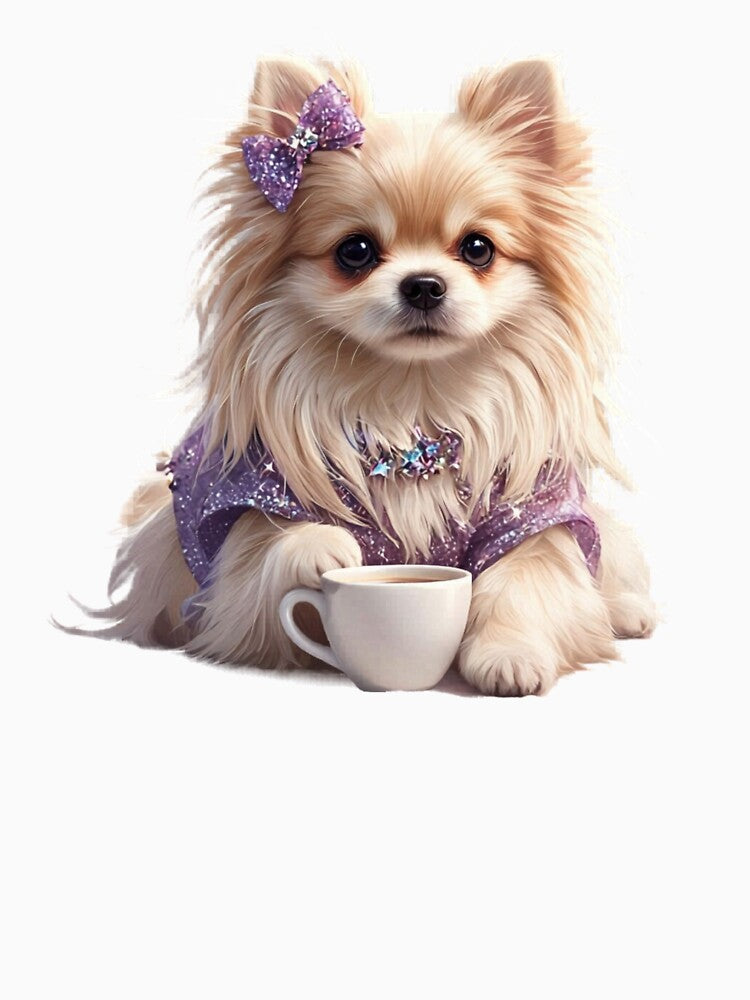 Glamour Pomeranian in Purple Sparkles - Luxury Coffee Dog Art by LazyScreations
