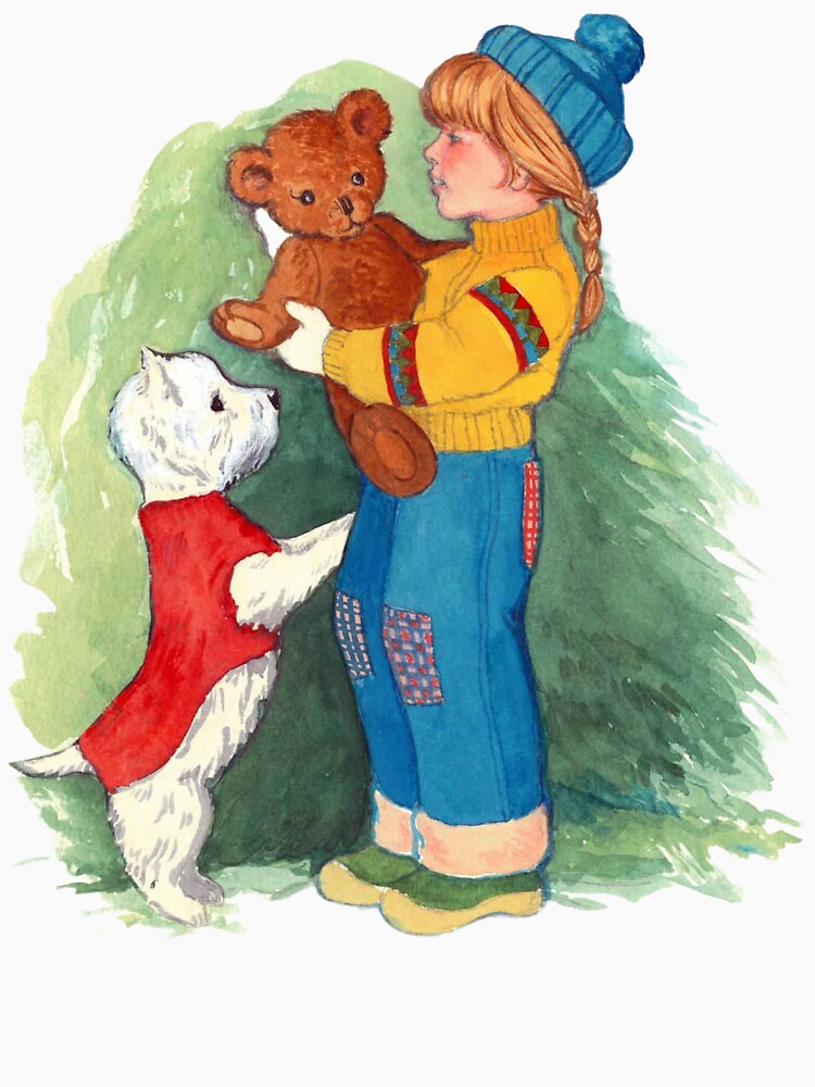Vintage Winter Girl with Teddy Bear and Dog by Storybook-Illustrations