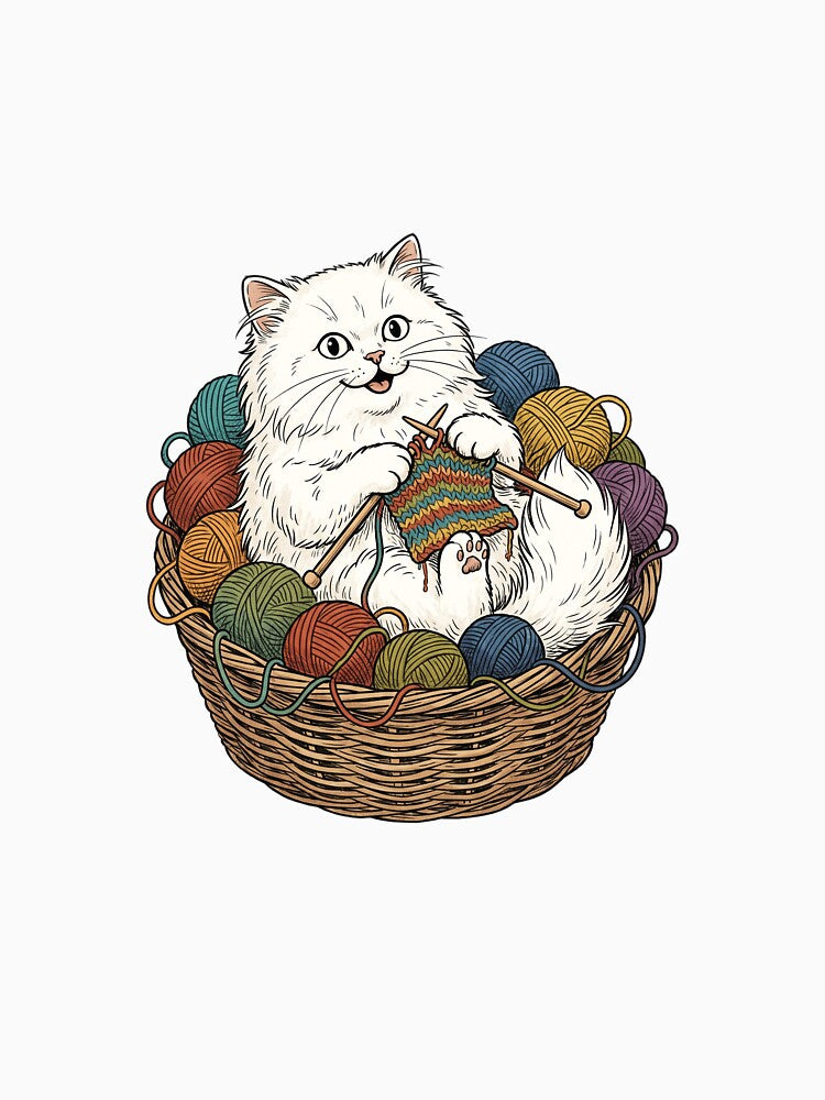 Persian Knitting Circle Fluffy Cat Yarn Craft Gift by PictoVibe