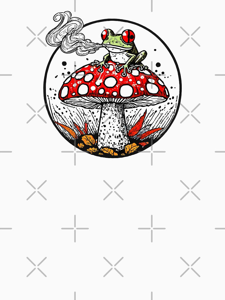 Frog sitting and smoking on Amanita Mushroom by monkeybusiness.pt