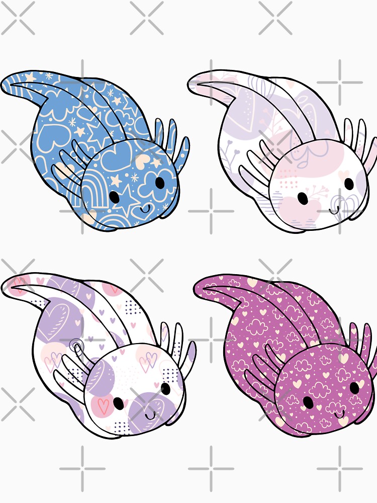 Cute Kawaii Baby Chibi Axolotl in Blue Pink and Purple Pastel Patterns by InkMemories