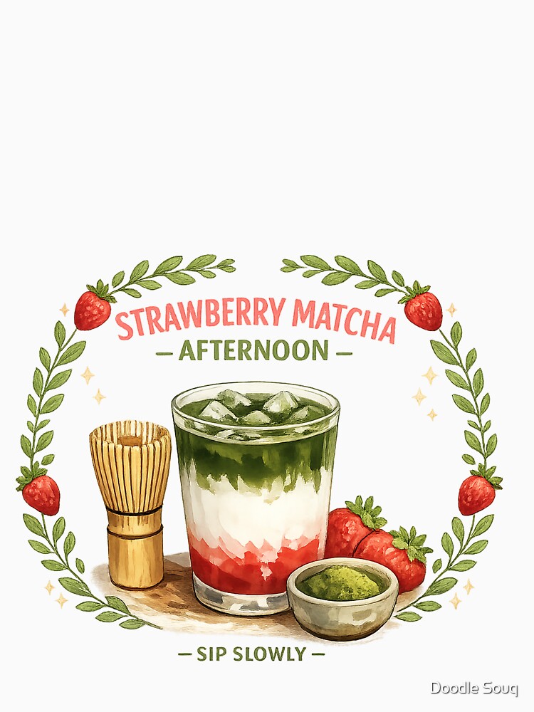 Strawberry Matcha Afternoon Café Illustration by Doodle Souq