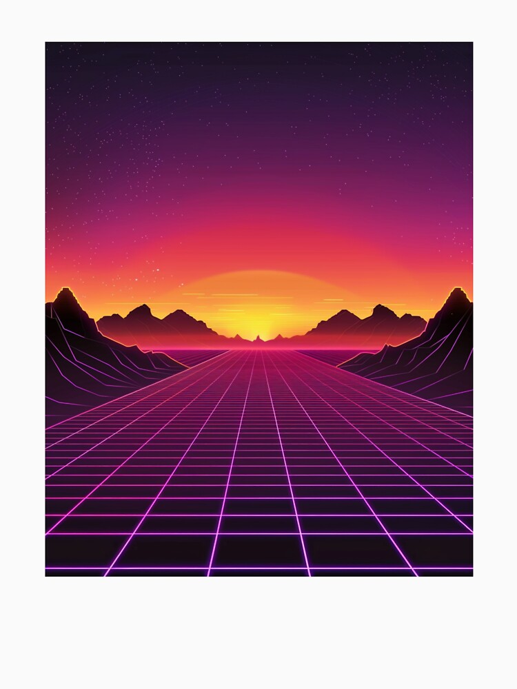 Neon Grid Sunset Synthwave Retro Landscape by RetroWaveArtCo