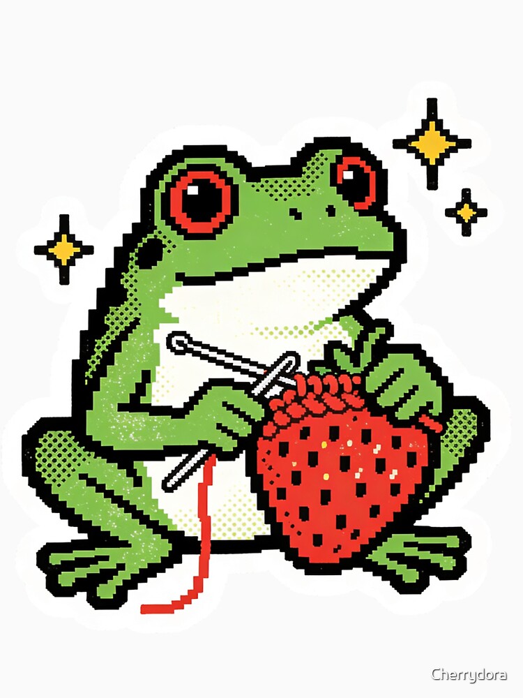 Whimsical Pixel Art Frog Knitting a Strawberry - Retro 8-bit Gamer Craft Vibe by Cherrydora