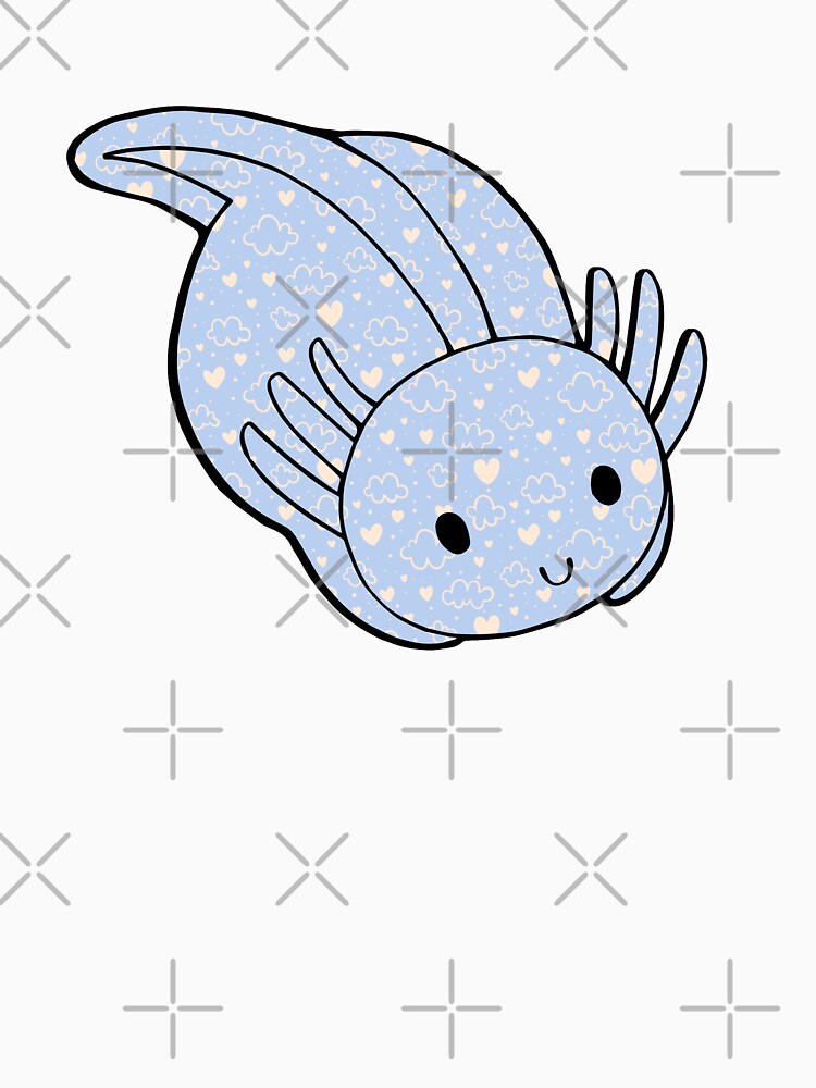 Cute Kawaii Baby Chibi Axolotl in Bright Blue with Hearts and Cloud Pattern by InkMemories