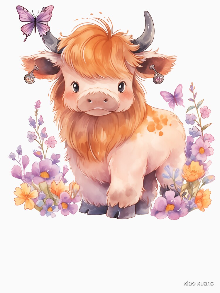 Highland cow with flowers and butterfly by xiao xuans