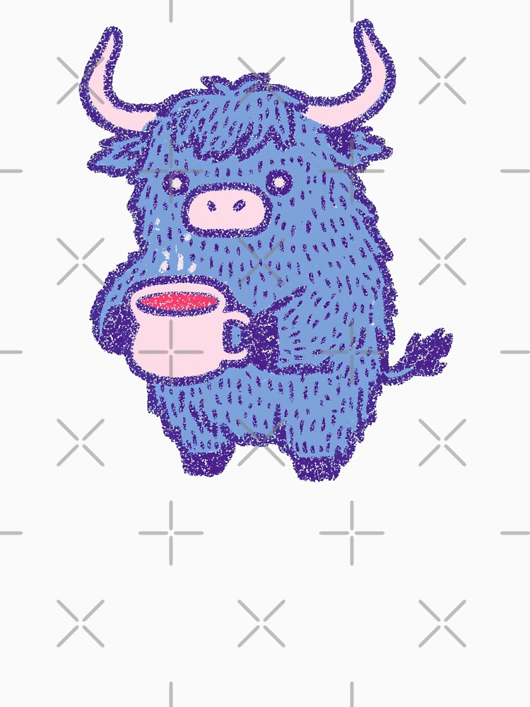 Coffee Highland Cow holding a mug, textured pastel illustration by Magnificent Lizard