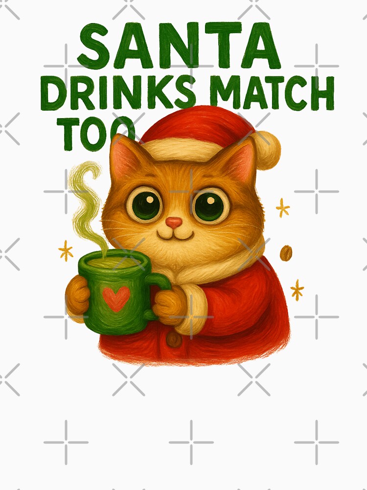 Santa Drinks Matcha Too Cat Art by Liv Solara