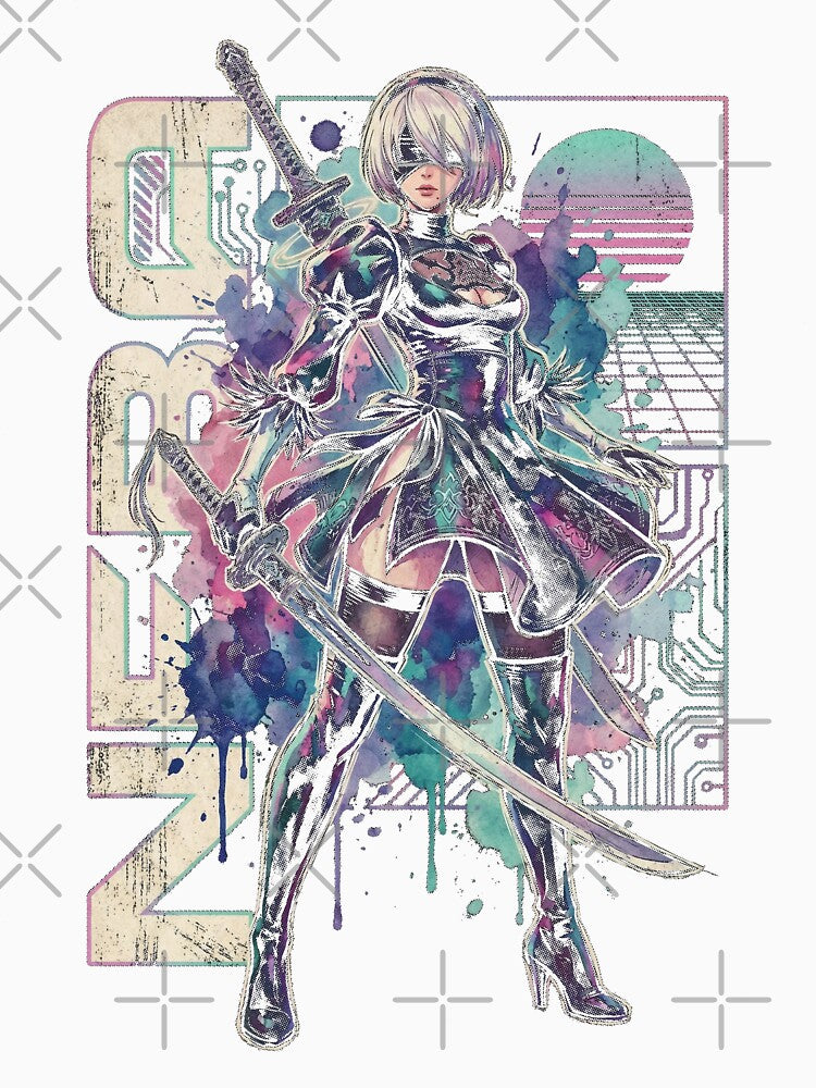 2B YoRHa NieR Vaporwave Retro 80s Pink Teal Portrait by Senpaiwaves