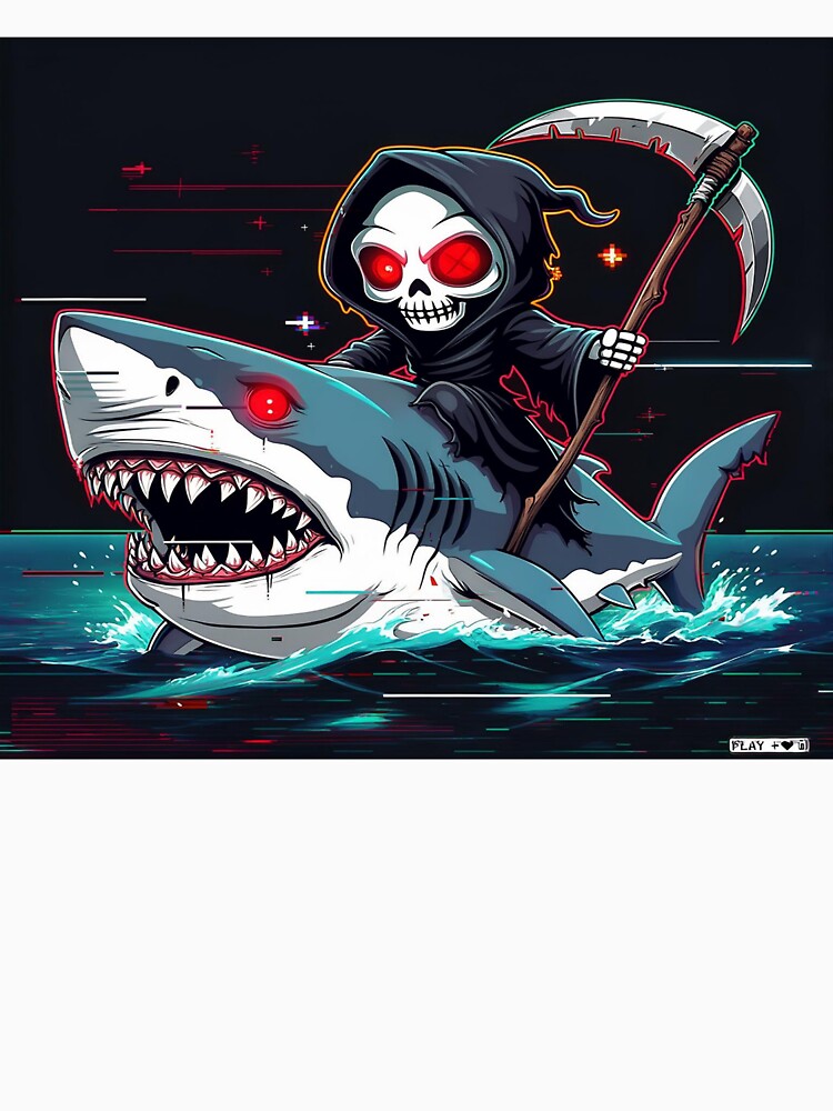 Chibi Grim Reaper Riding Glitch Shark – Retro VHS Horror Cute Aesthetic Sticker by ChibiChaoss