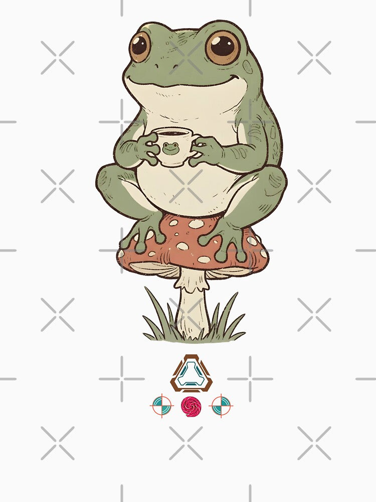 Cottagecore Frog Sipping Coffee on a Toadstool by Whimsy Trail Co