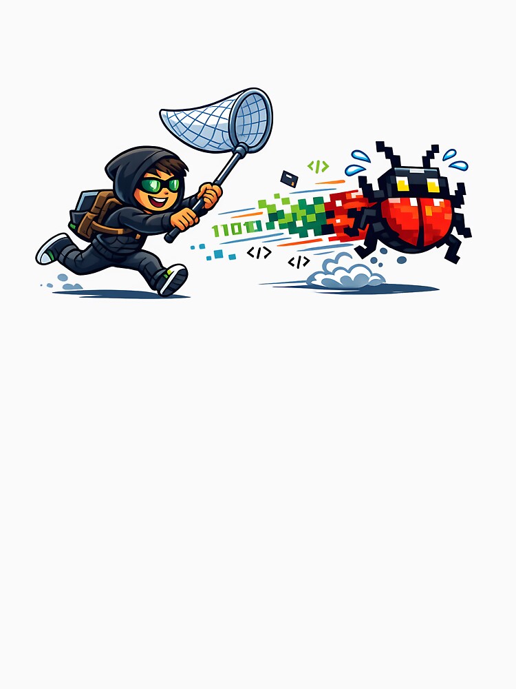 Cartoon Hacker Chasing Giant Pixel Bug – Funny Coding Humor Vector Design for Programmers and Developers by PenchalaPrabhas
