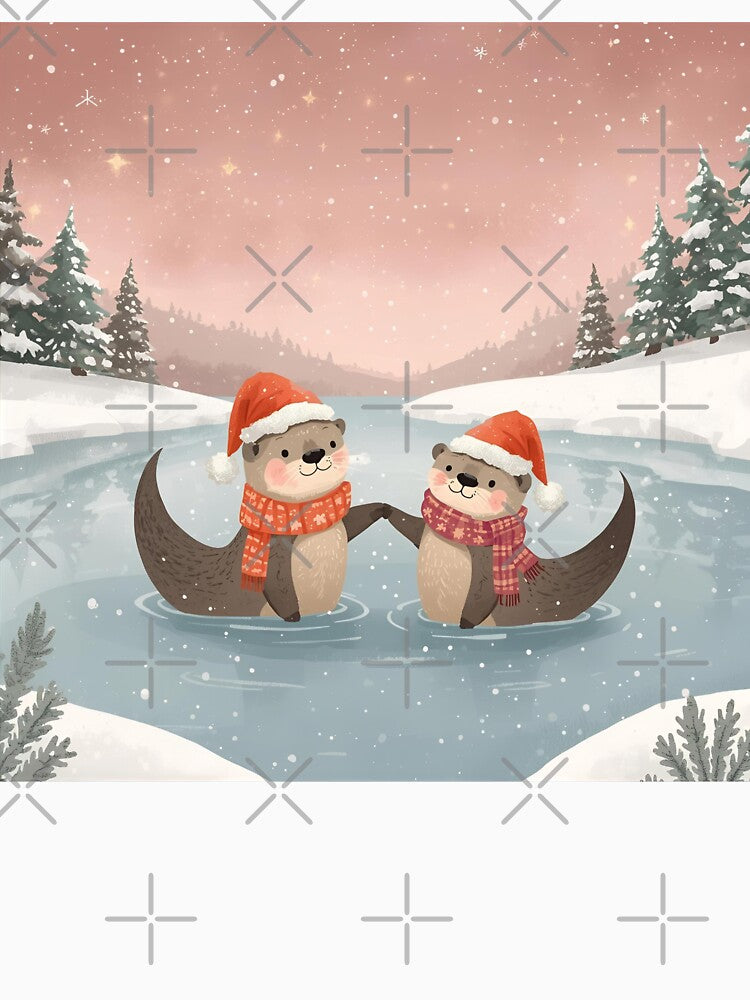 Otters Holding Hands on Ice – Whimsical Winter Christmas Art by WildlifeWhimsy