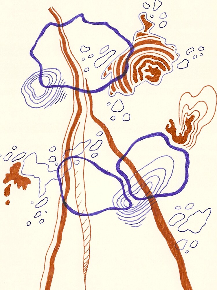 "Water Shapes" Abstract Bronze and Blue Line Color Messy Doodle by BOKEbyTC