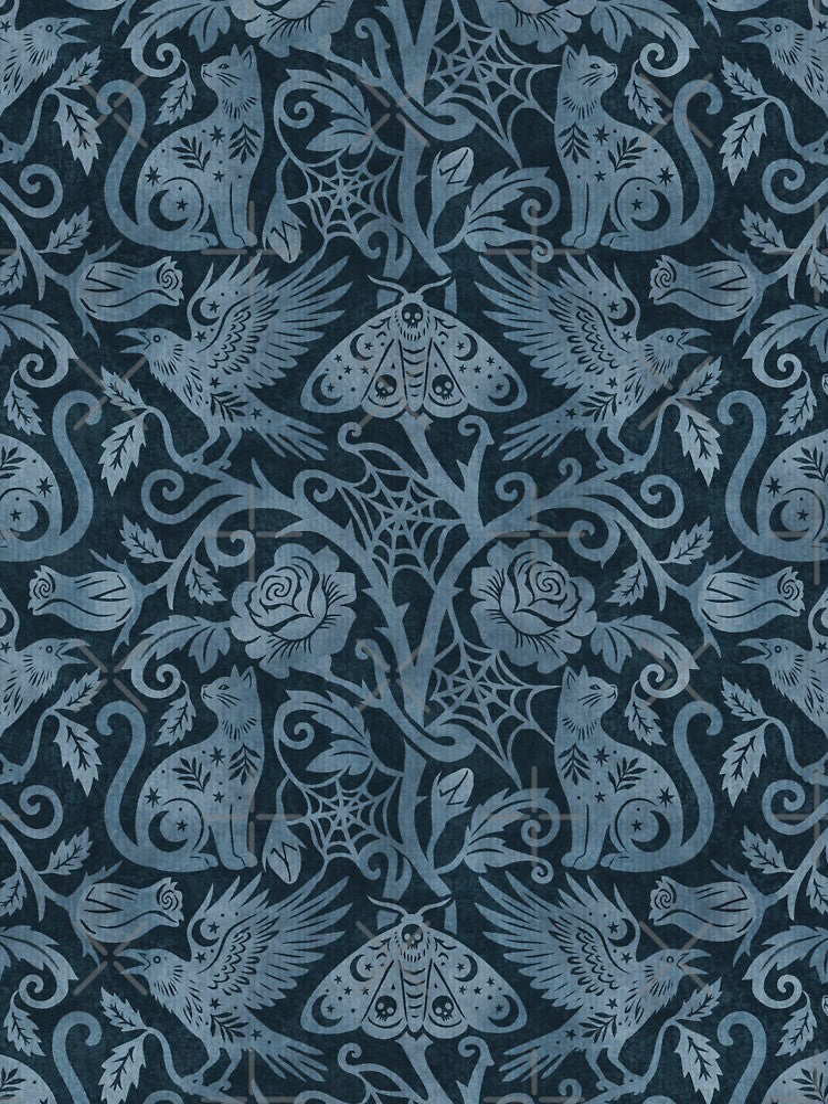 Ornate Gothic Cats Ravens Moths And Roses In Dark Navy Blue by EliveraDesigns