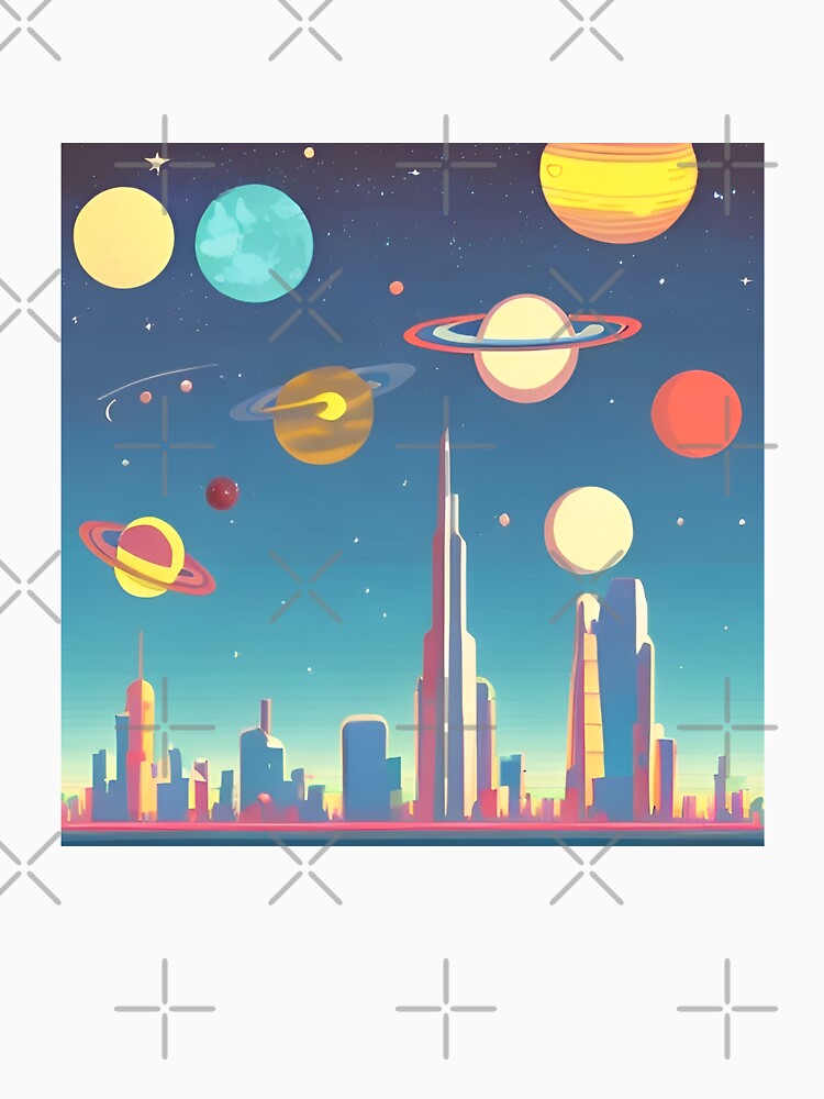 SI-fi future space in retro vintage 50s style retrofuturism sky city skyline travel planets by cheekylorns