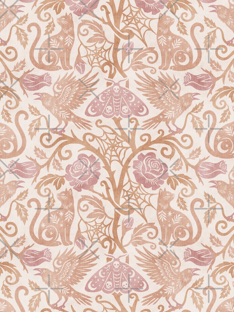 Ornate Gothic Cats Ravens Moths And Roses In Beige And Dusty Rose by EliveraDesigns