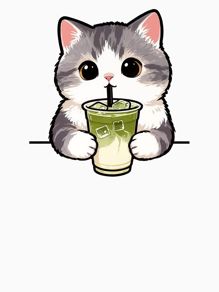 Adorable Cat with Matcha Drink | Cute Kawaii Kitty Tee by Nuttajak