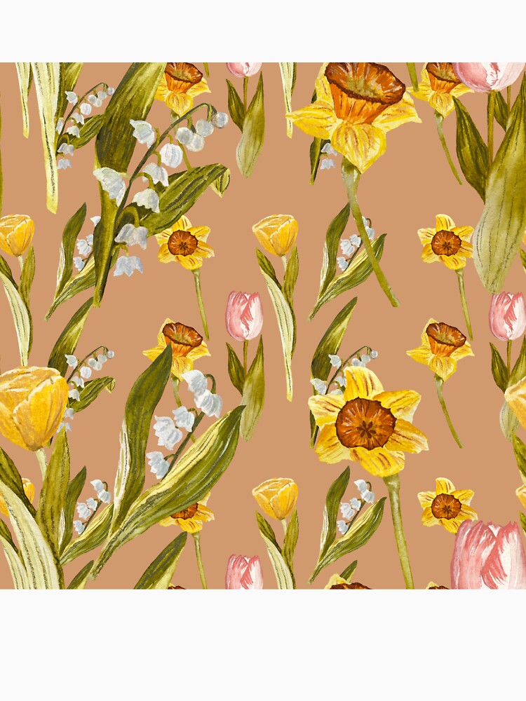Daffodil tulip snowdrop Easter an ornate pattern peach by Yana Mustafina | Boho Soulful Designs