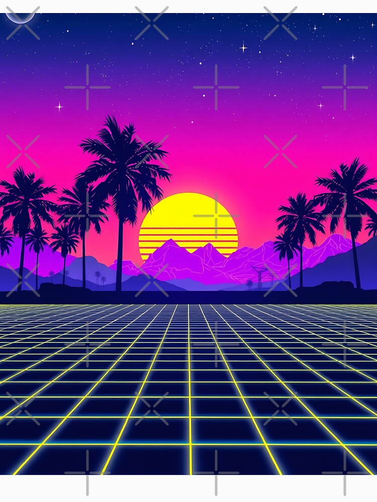 Retro 80s Synthwave Sunset – Neon Grid & Palm Trees by svarupa