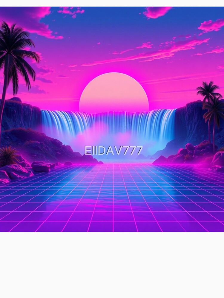 Vaporwave Waterfall Sunset Neon Grid Aesthetic Art Print - Synthwave Paradise Wall Decor by EllDAV777