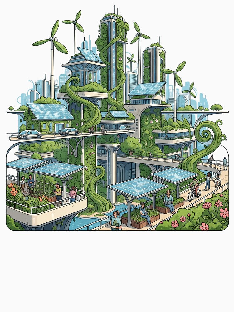 Solarpunk City Utopian Illustration climate action by SholoStudio