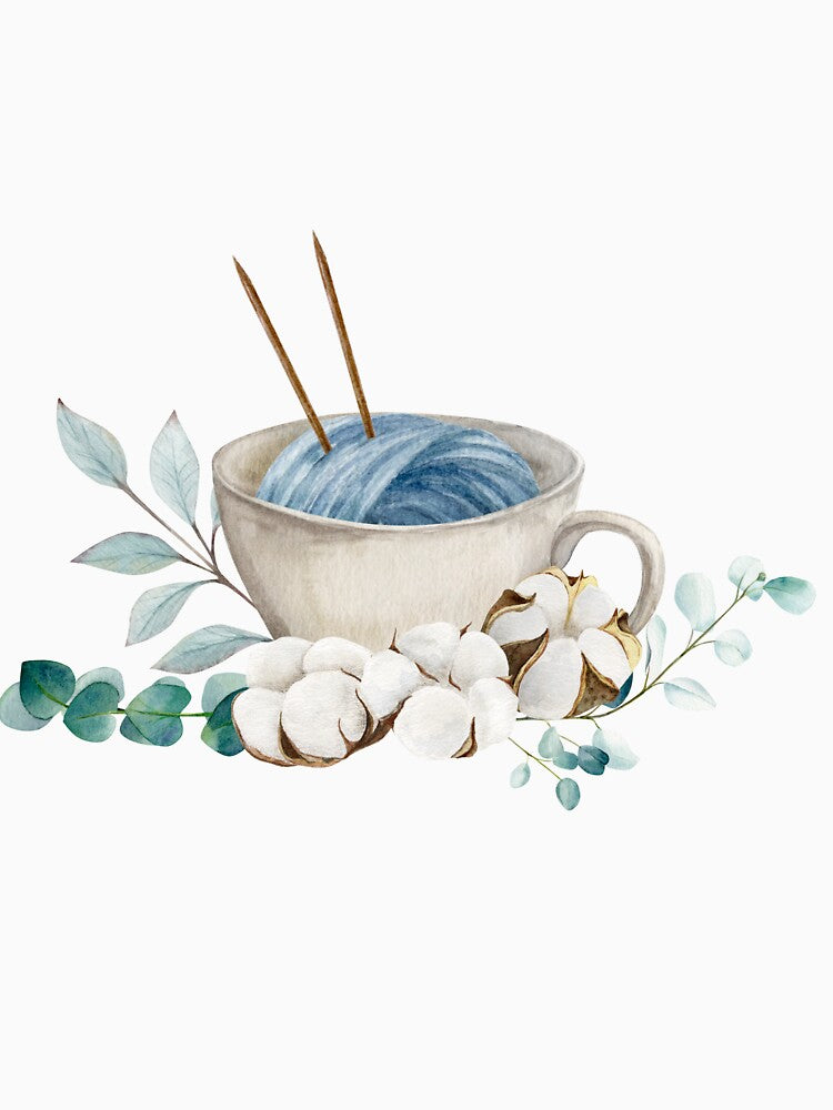 Hand draw watercolor illustration, ball of yarn with double pointed needles in the cup with cotton bolls and eucalyptus branches by TanyaKremen