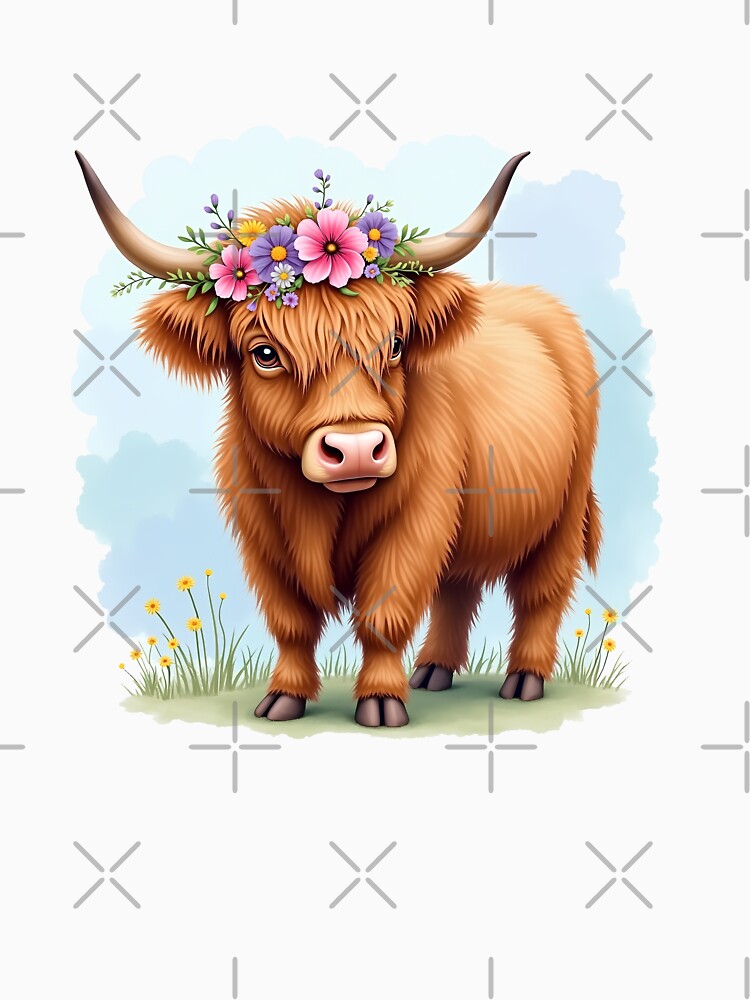 Highland Cow with Boho Flower Crown Watercolor by Trendsecne