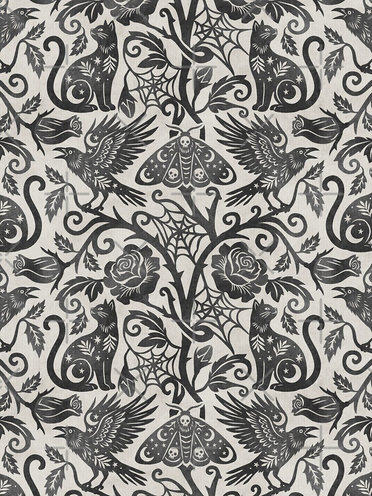 Ornate Gothic Cats Ravens Moths And Roses In Charcoal On Cream by EliveraDesigns