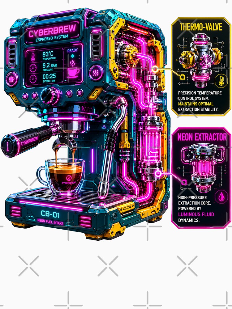 Cyberpunk Neon Industrial Espresso Machine Schematic by MarVan-Prints