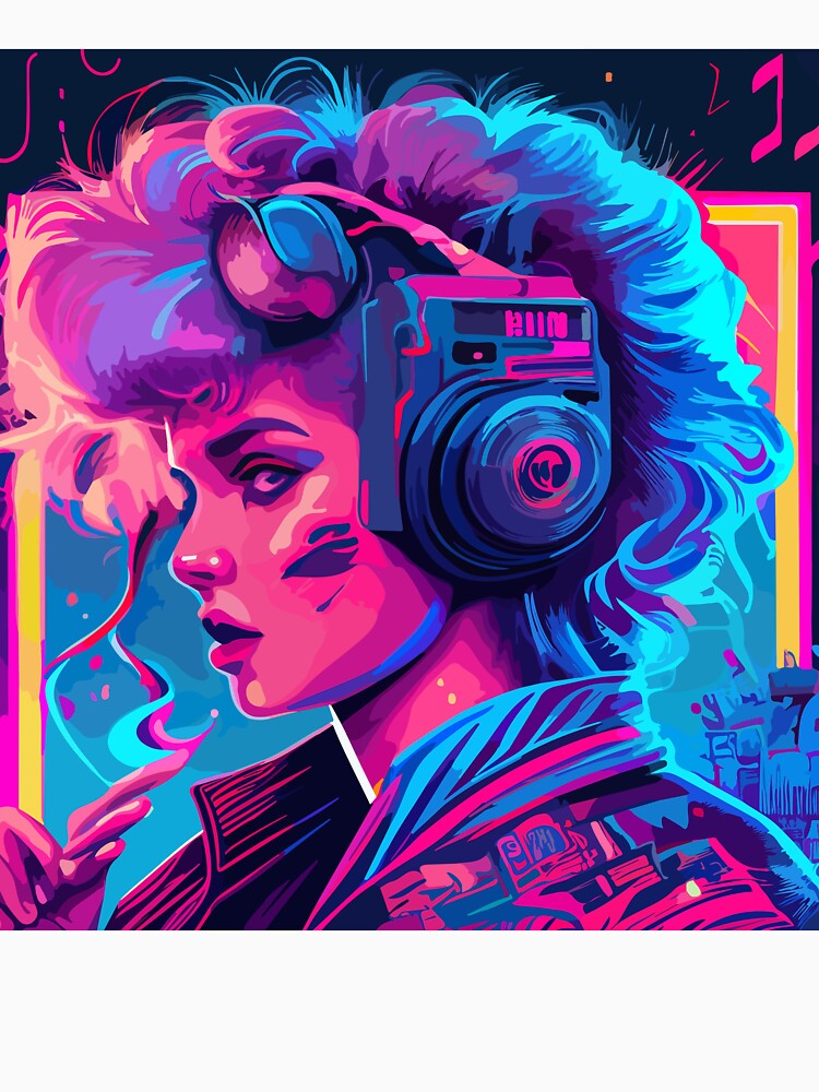 Beautiful girl in profile in headphones, 80's - 90's. Bright cartoon pop art retro vector illustration. by NadiiaSemyroz