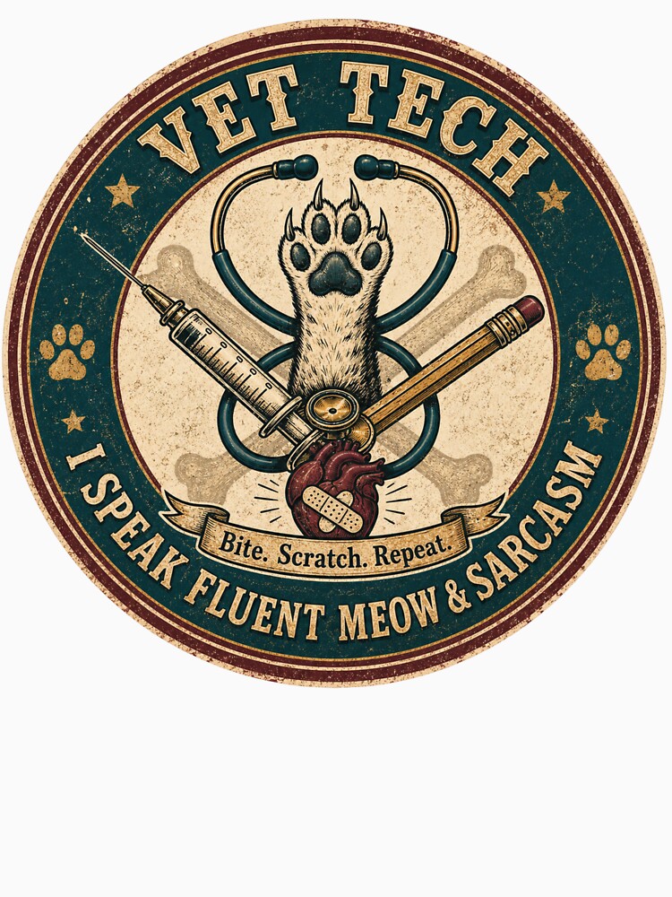 Vet Tech - I Speak Fluent Meow and Sarcasm Vintage Badge by SandiCreative