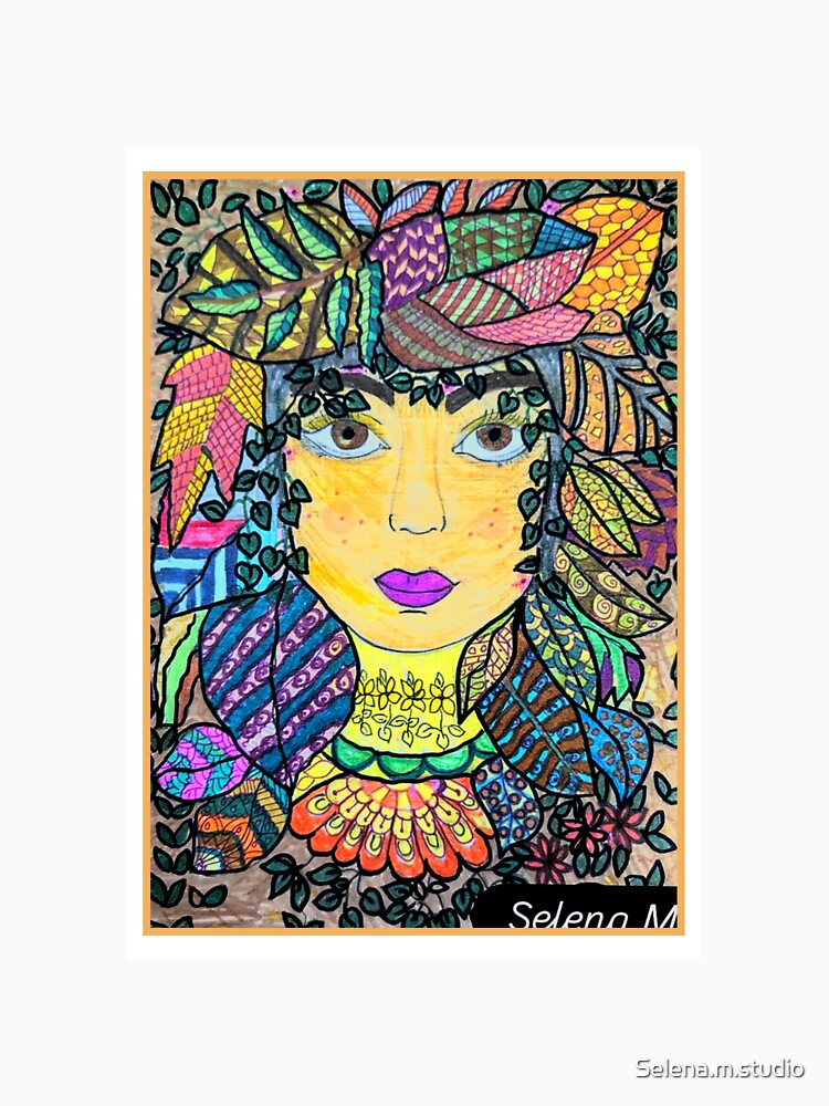 Whimsical Nature Goddess – Colorful Folk Art Portrait with Patterned Leaves by Selena.m.studio