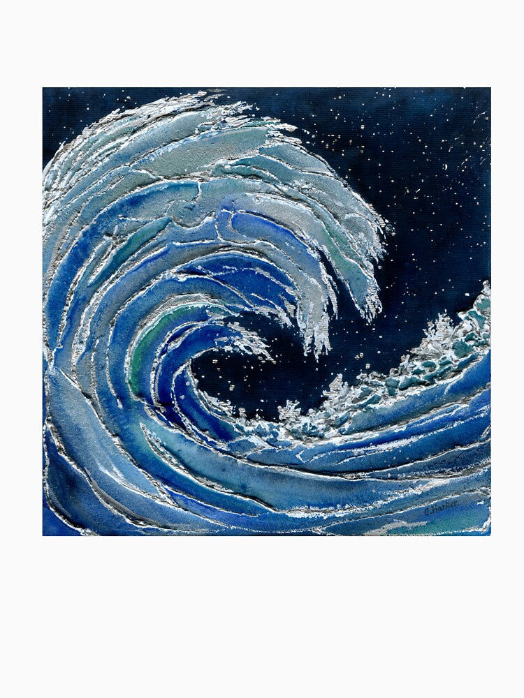 Midnight Surf Blue & Silver Wave 3D Ocean by Cass Harker Studio