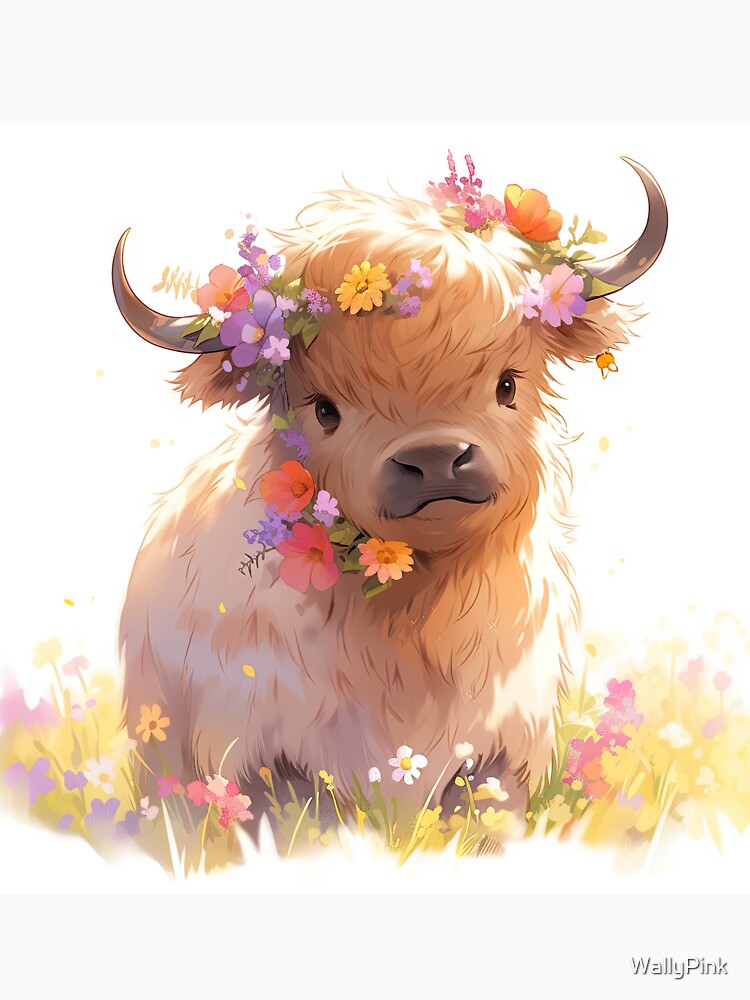 Cute highland cow calf baby in kawaii manga anime flower style by WallyPink