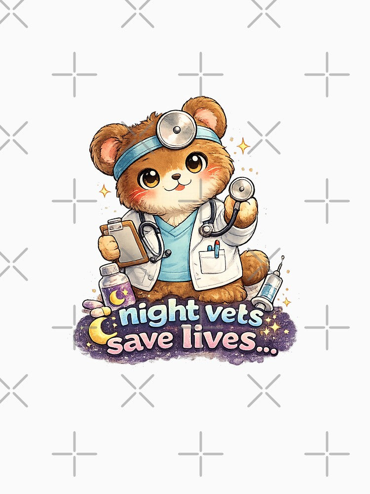 Night Vets Save Lives Kawaii Bear Art – Cute Vet Doctor Cartoon Illustration by Paws-nd-Prints