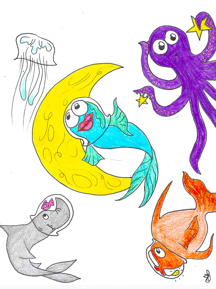 Great Underwater Friends On a Space Mission Pencil Color Drawing by BOKEbyTC