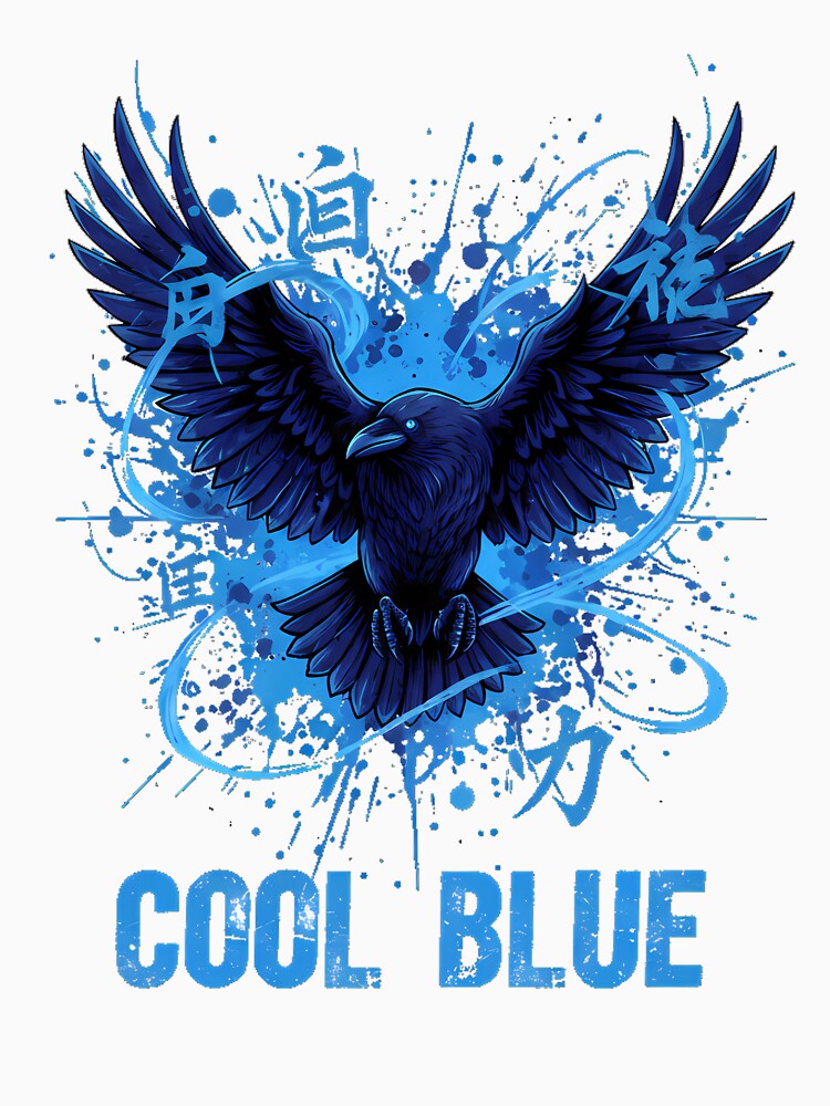 Cool Blue Raven - Cyberpunk Crow Japanese Kanji Streetwear Art by etuvibes