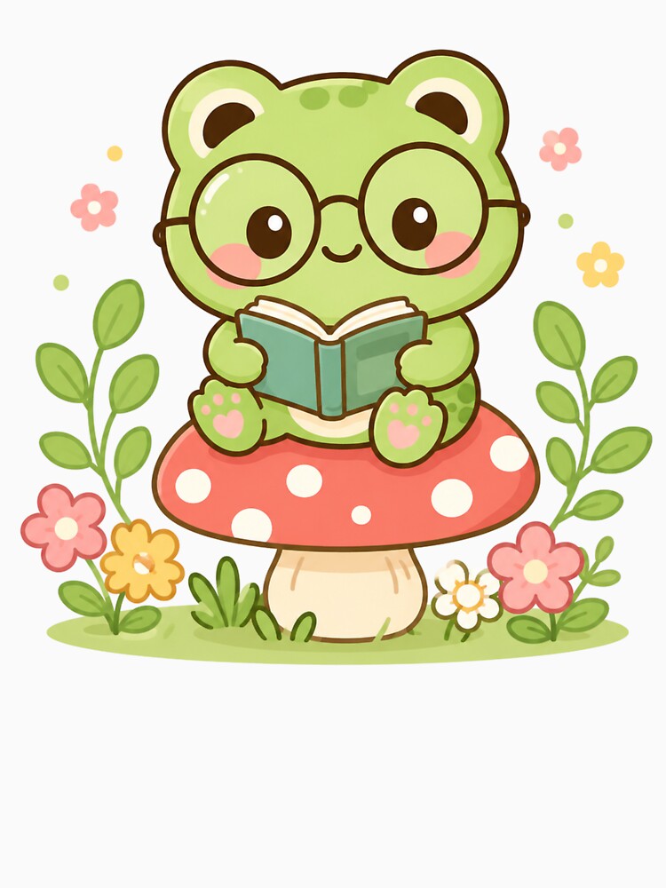Cute Reading Frog on Mushroom Kawaii Chibi Illustration by ZyloPrints