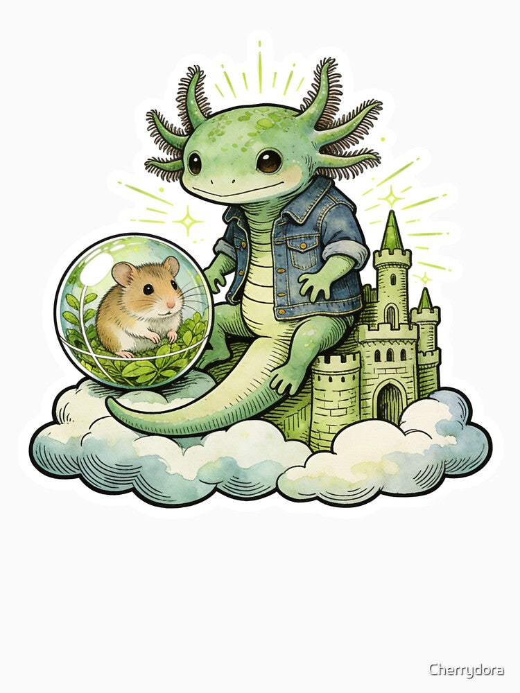 Whimsical Axolotl King of the Clouds Art | Cute Amphibian in Denim Jacket & Hamster Castle Watercolor Aesthetic by Cherrydora