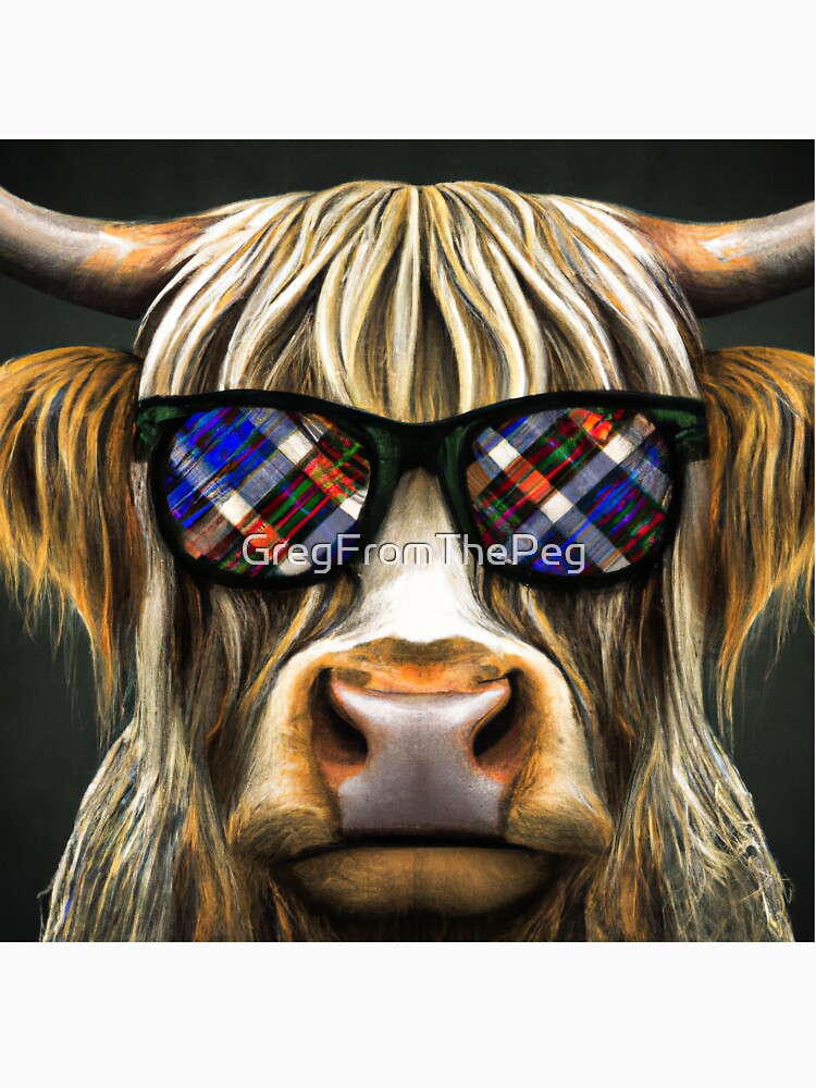 Cute Fluffy Highland Cow Wearing Sunglasses Reflecting Plaid by GregFromThePeg