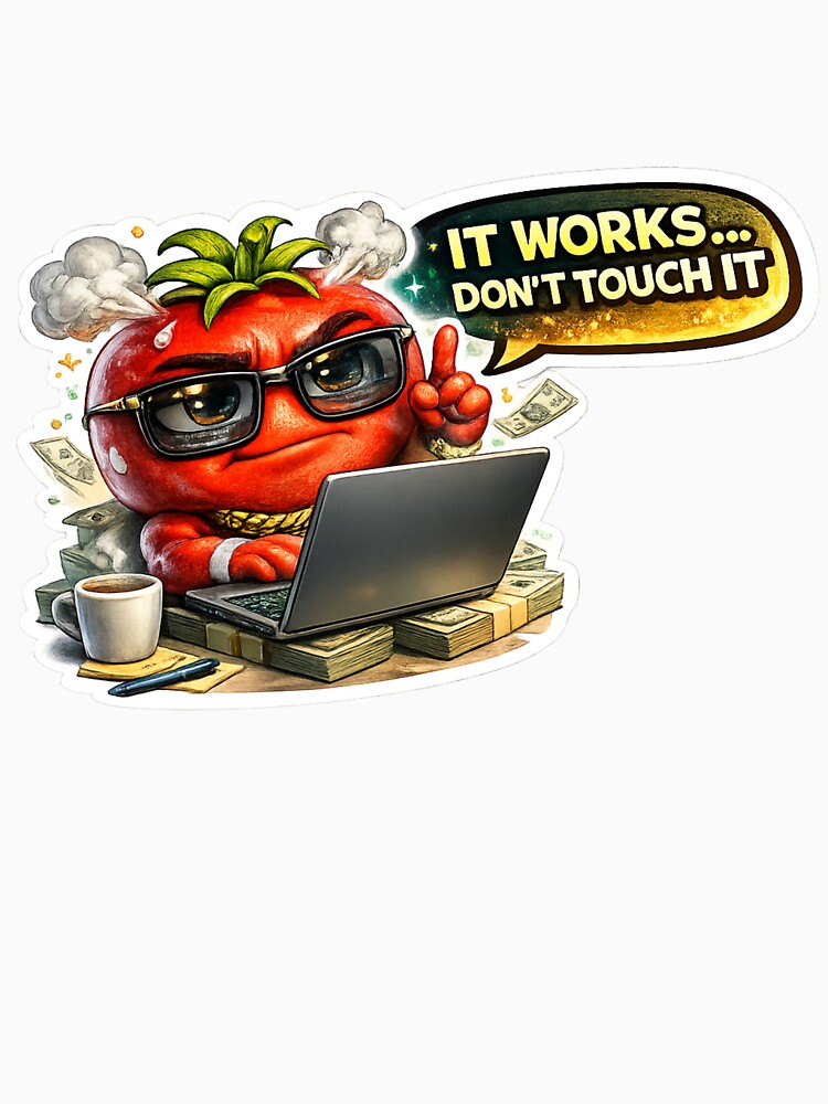 TITLE: Funny Tomato Character It Works Don't Touch It Programmer Sticker by Bhinfy