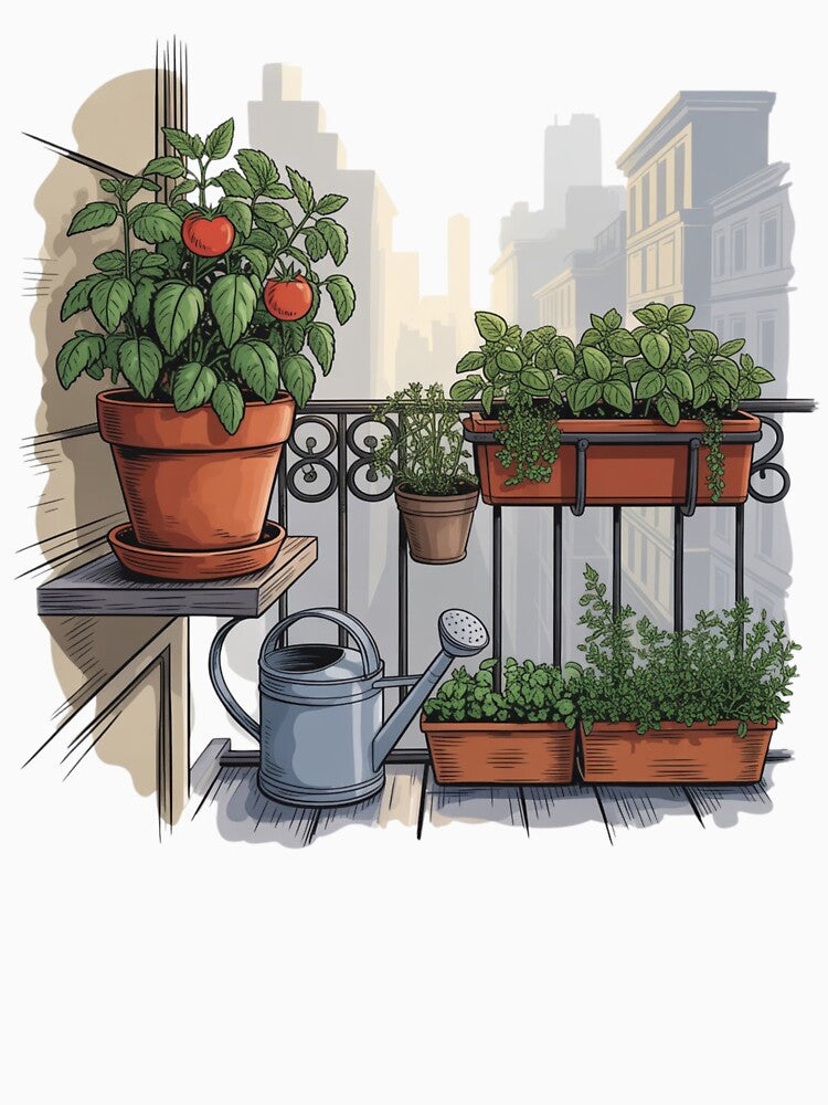 Urban Balcony Garden Scene – Peaceful City Gardening Illustration by Timeless Design