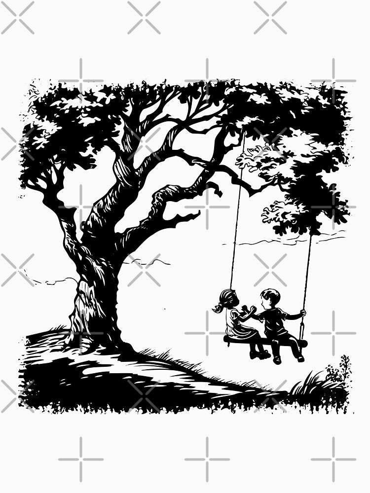 Vintage Tree Swing Silhouette – Children Playing Nostalgic Black and White Art by inkoutninja
