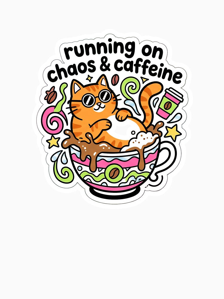 Running on Chaos & Caffeine Cat Sticker | Funny Orange Tabby Coffee Sticker | Cute Cat Lover Gift | Laptop Water Bottle Decal by Pawfect Prints