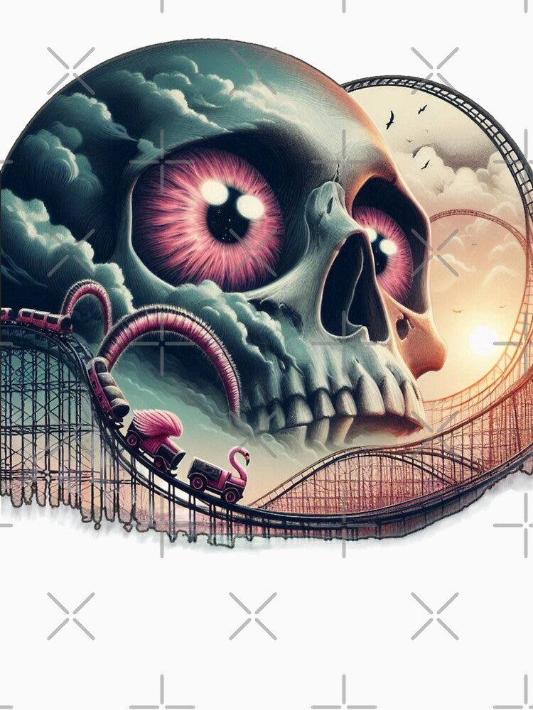 Pink Eyes Skull Rollercoaster Surreal Dreamscape Art by LujziWorld