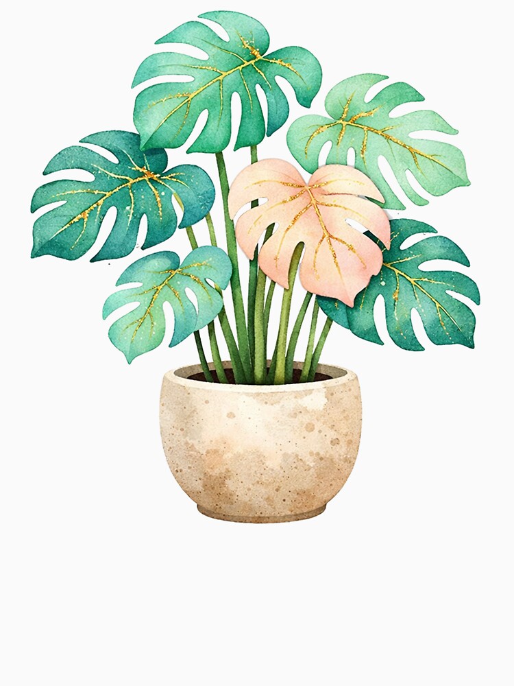 Golden Monstera Plant Watercolor Teal and Pink Tropical Leaves in Stone Pot by Owcomm