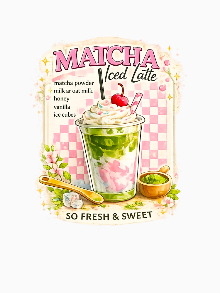 Retro Matcha Iced Latte – Pink Checkerboard Café Art by Sweet shop