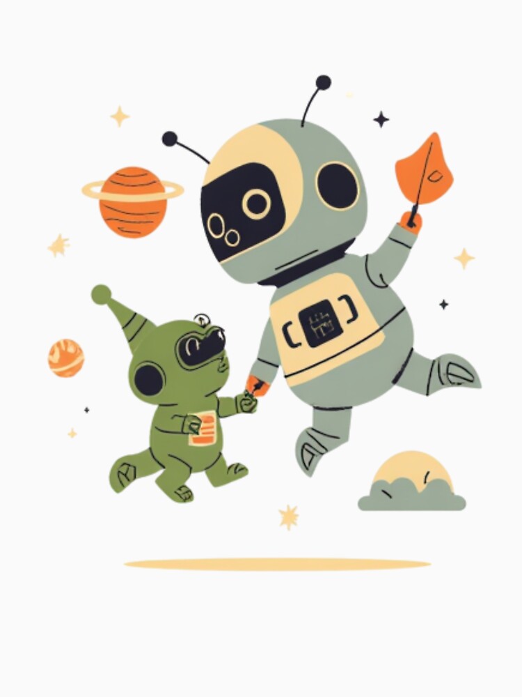 Cute Astronaut Robot and Alien Friend - Whimsical Retro Space Art by PACS0011