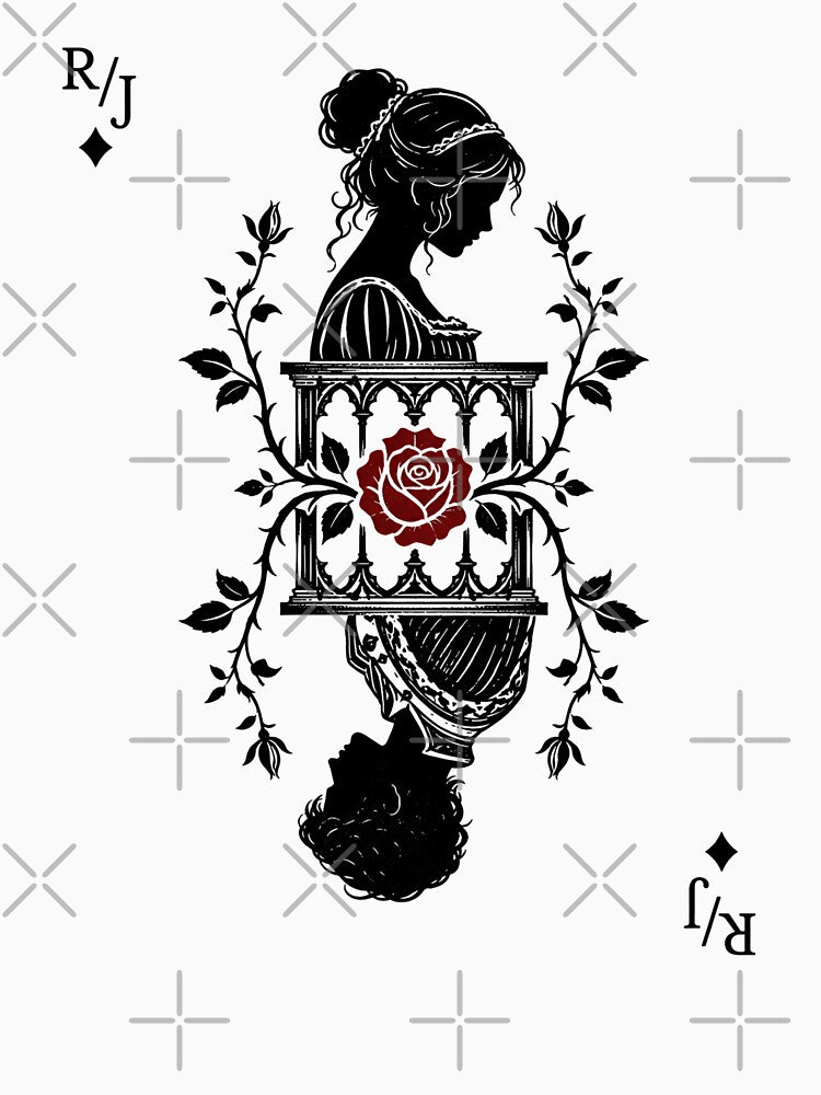 Romeo and Juliet Playing Card Silhouette Red Rose Art by Fenay Designs